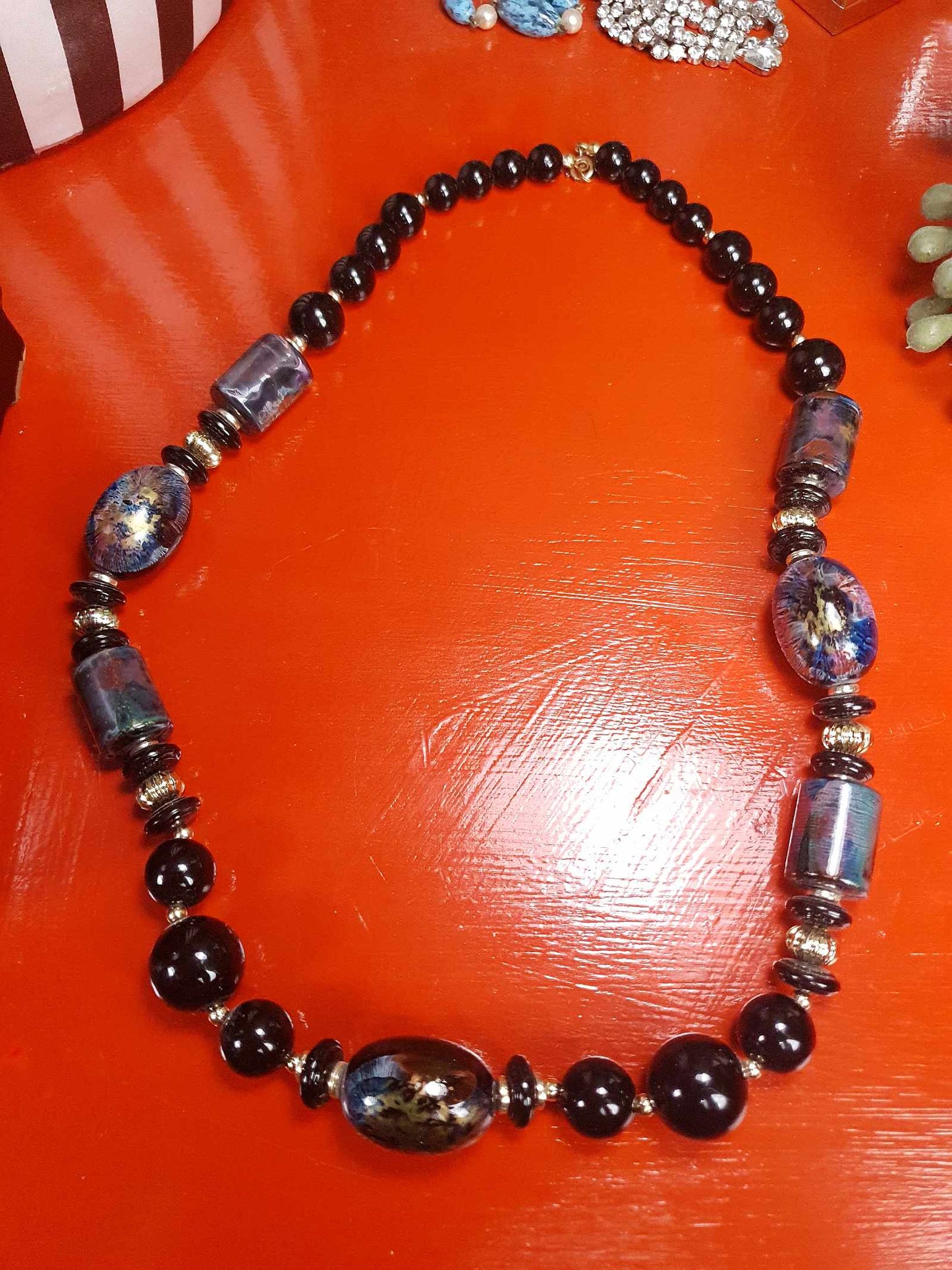 Vintage Hand Painted Black Bead Necklace 25" Retro 1980s