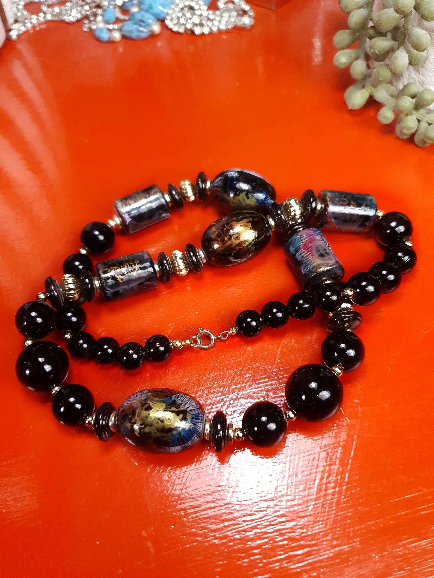 Vintage Hand Painted Black Bead Necklace 25" Retro 1980s