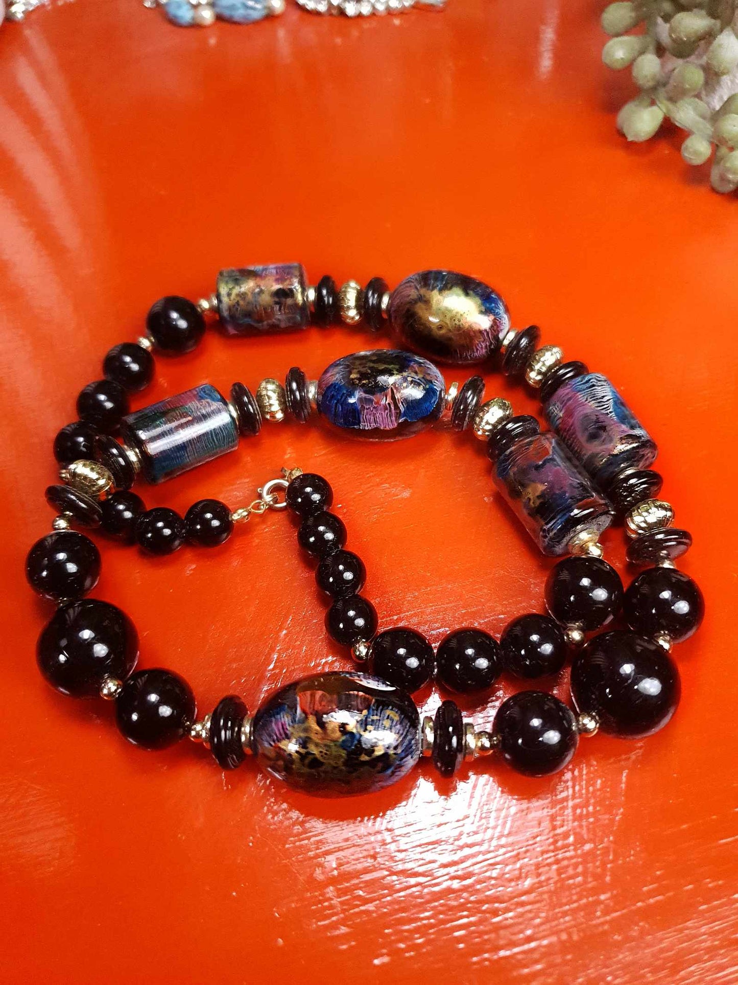 Vintage Hand Painted Black Bead Necklace 25" Retro 1980s