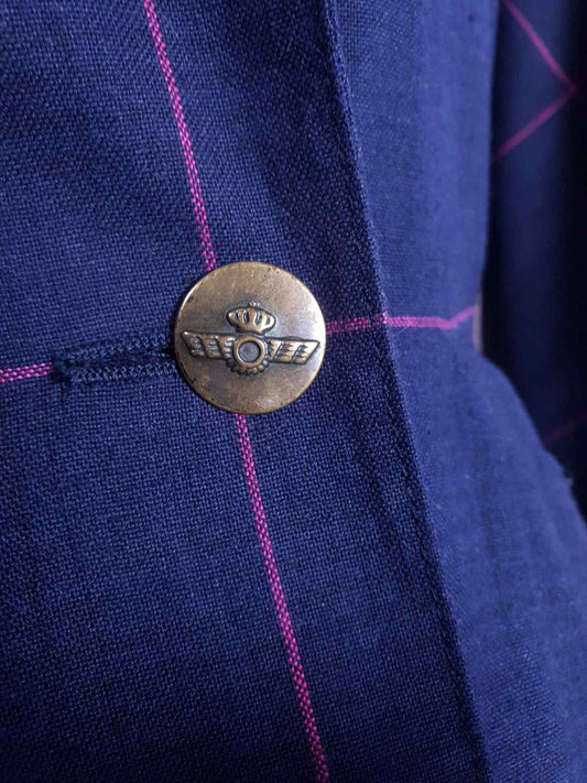 1980s Vintage Blue Cerise Check Jacket Batwing- Size 10 Cotton Linen