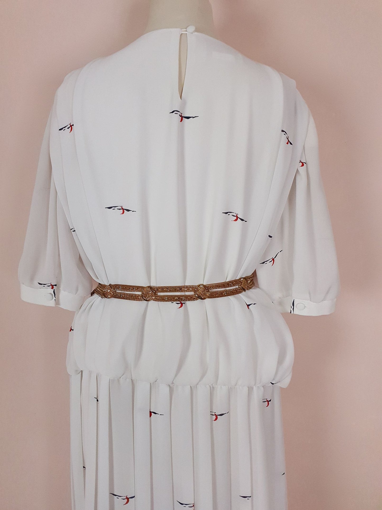 Vintage White Chiffon Pleated Dress 1980s Midi - Size 16/18 Abstract Print