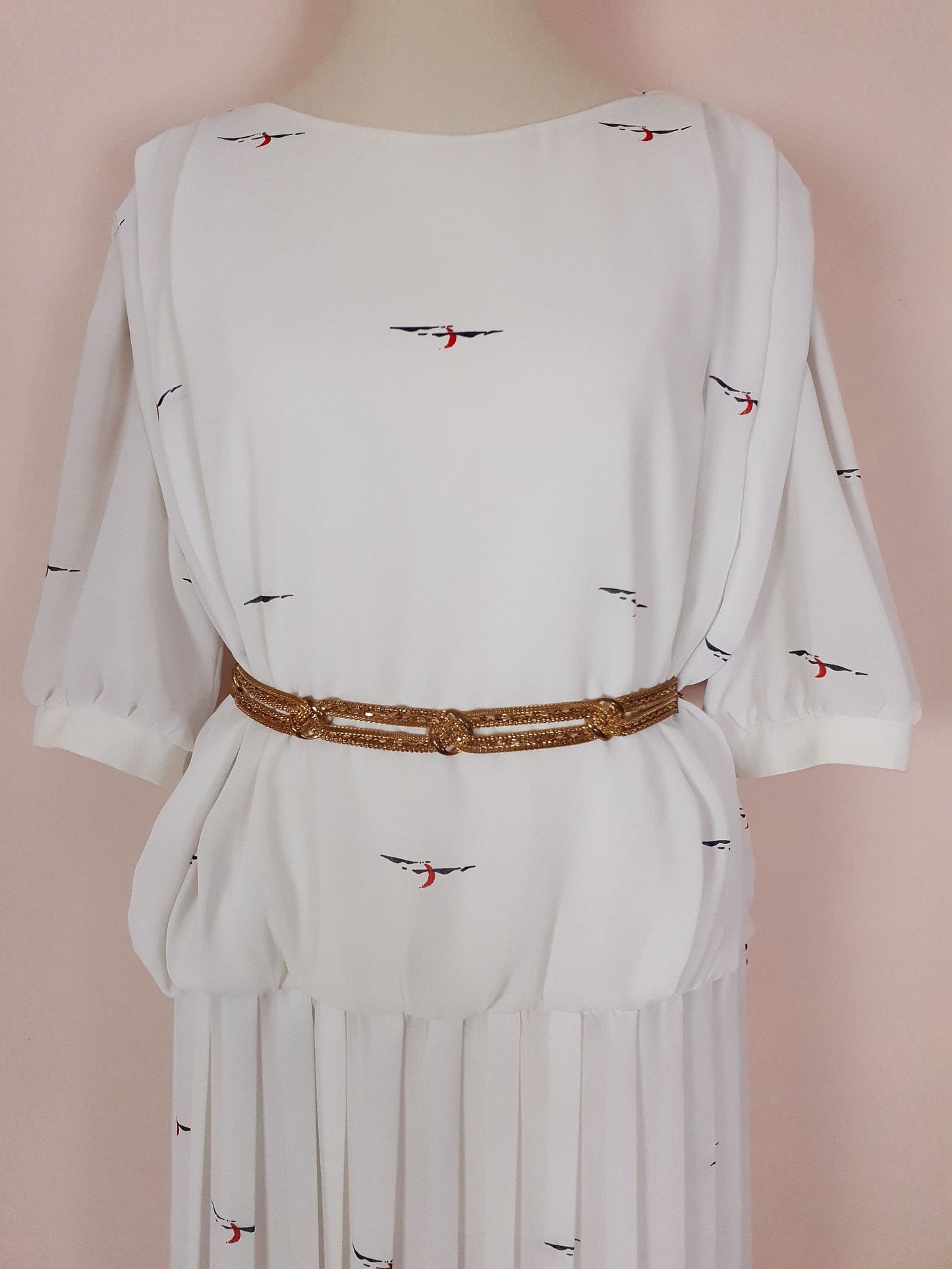 Vintage White Chiffon Pleated Dress 1980s Midi - Size 16/18 Abstract Print