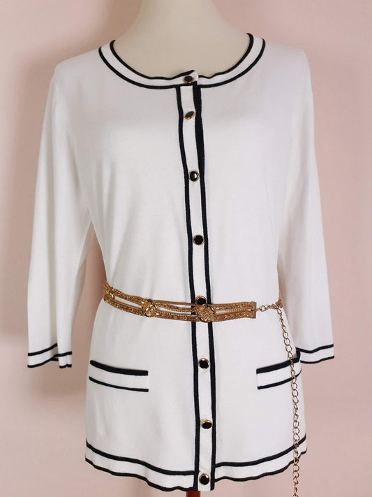 Vintage 90s White & Black Cardigan Size 16/18 Monochrome Preppy