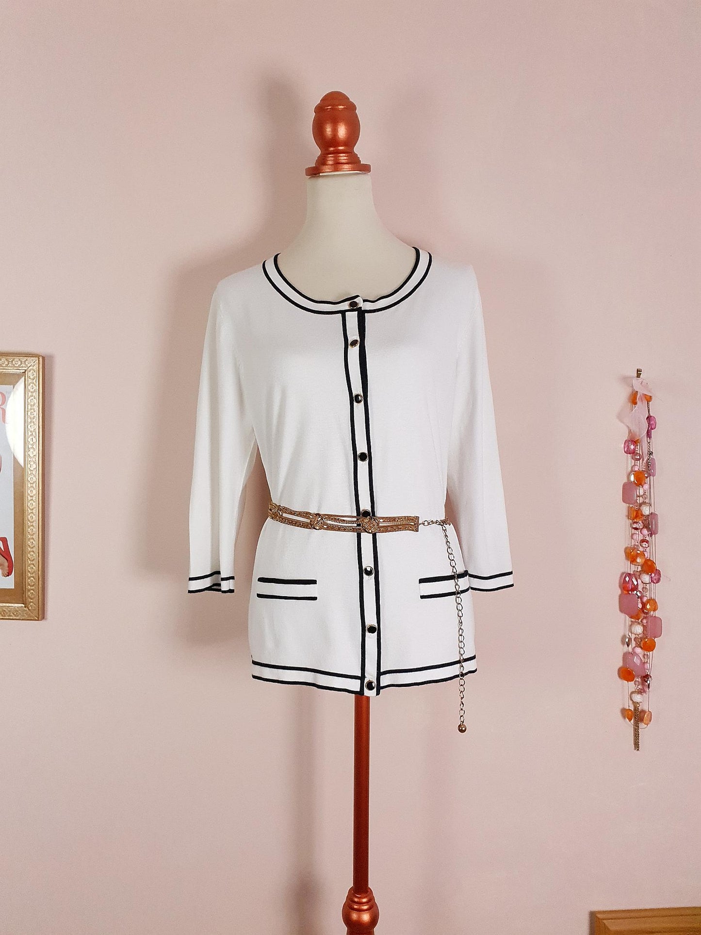 Vintage 90s White & Black Cardigan Size 16/18 Monochrome Preppy