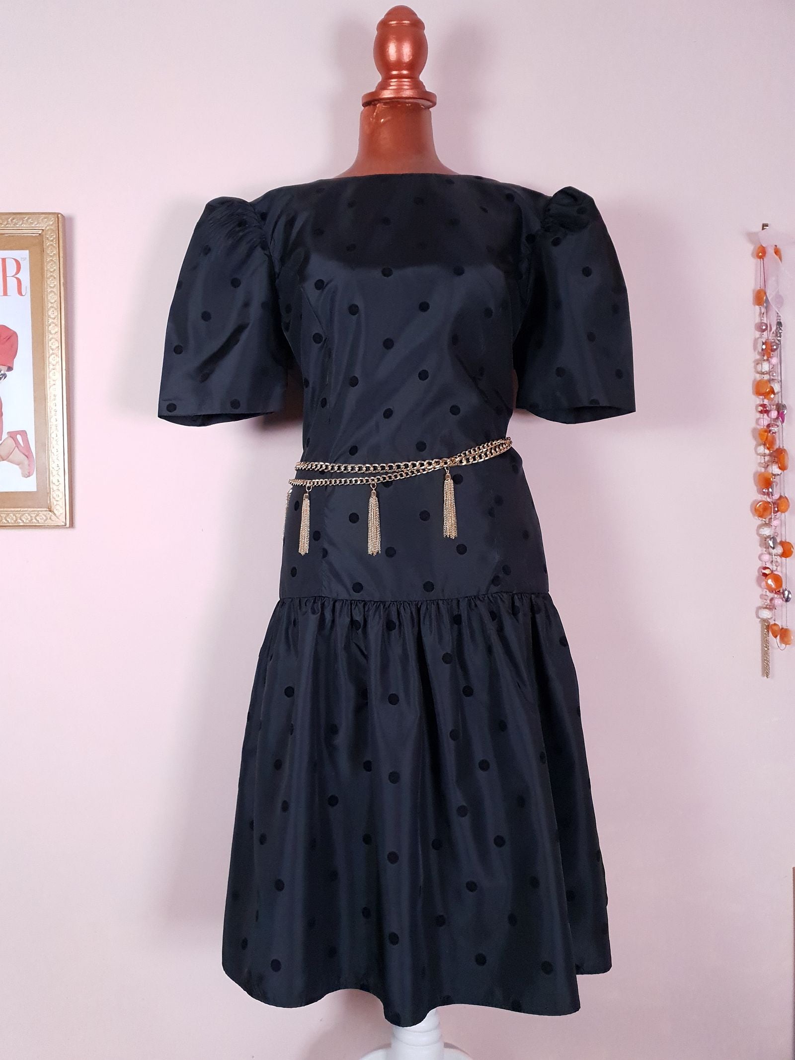 Classic 1980s Vintage Dotty Black Polka Dot Party Dress - Size 12/14 Jardin Vintage Classic 1980s Vintage Dotty Black Polka Dot Party Dress - Size 12/14 Jardin Vintage