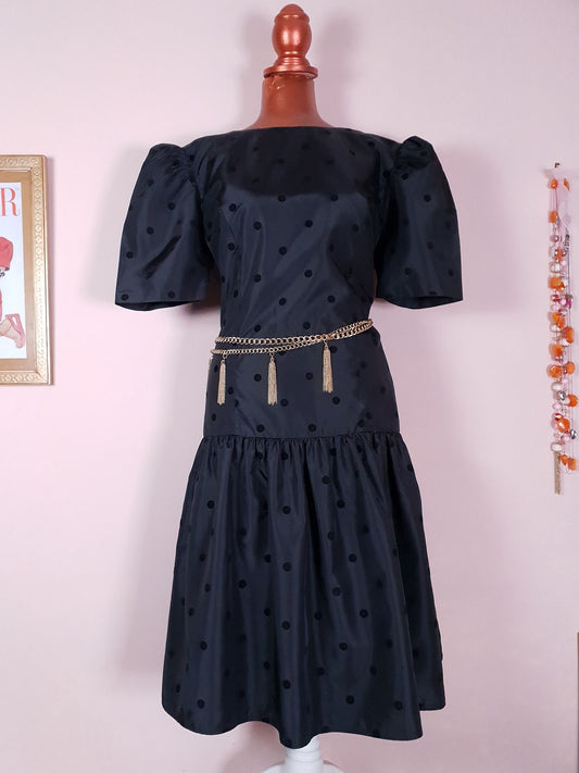 Classic 1980s Vintage Dotty Black Polka Dot Party Dress - Size 12/14