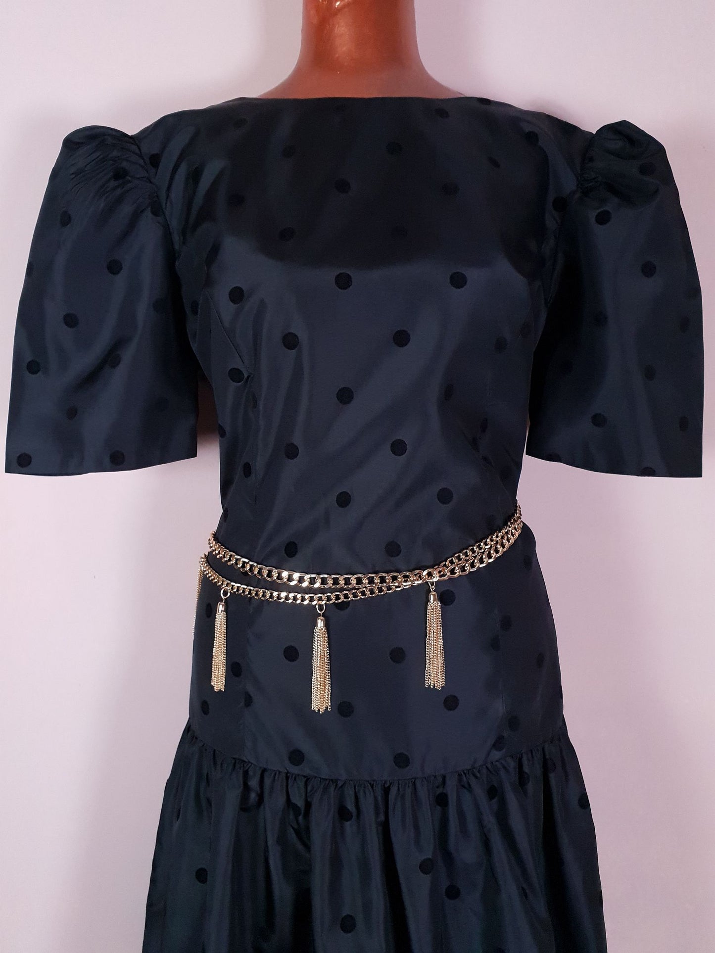 Classic 1980s Vintage Dotty Black Polka Dot Party Dress - Size 12/14