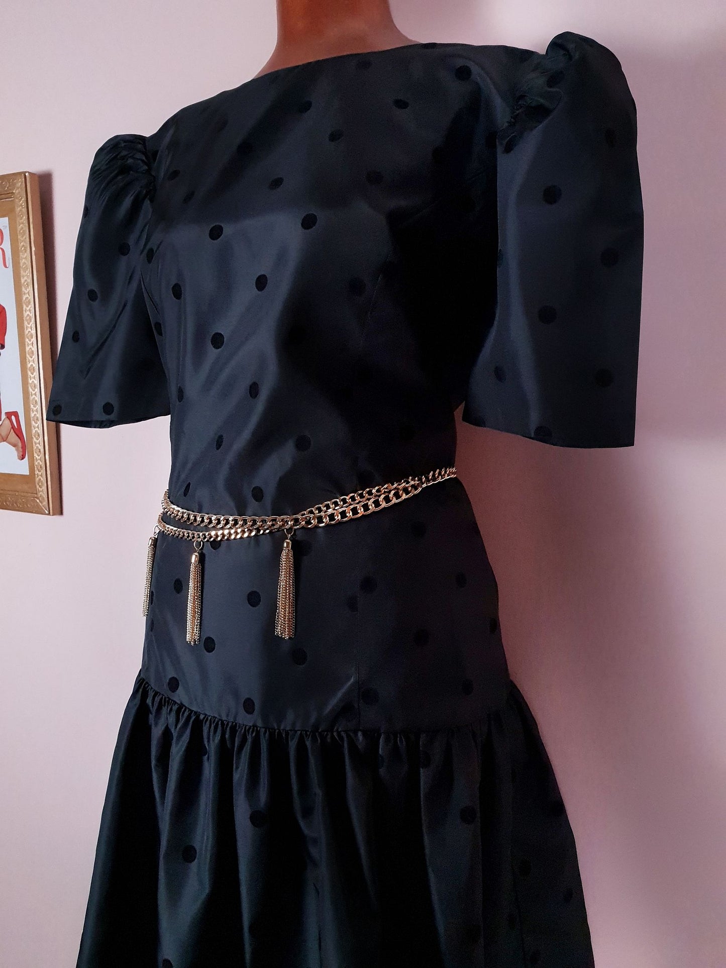 Classic 1980s Vintage Dotty Black Polka Dot Party Dress - Size 12/14