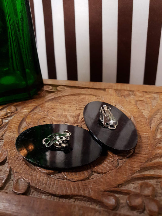 Vintage 1960s Mod Earrings Black Red Oval Retro Clip-Ons