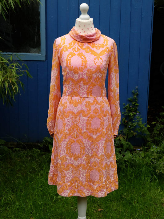 Gorgeous 1960s Pink & Tangerine Dream Floaty Chiffon Dress - Size 10