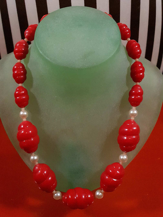 Vintage 1960s Red Bead Necklace 18.5" Mod Faux Pearl