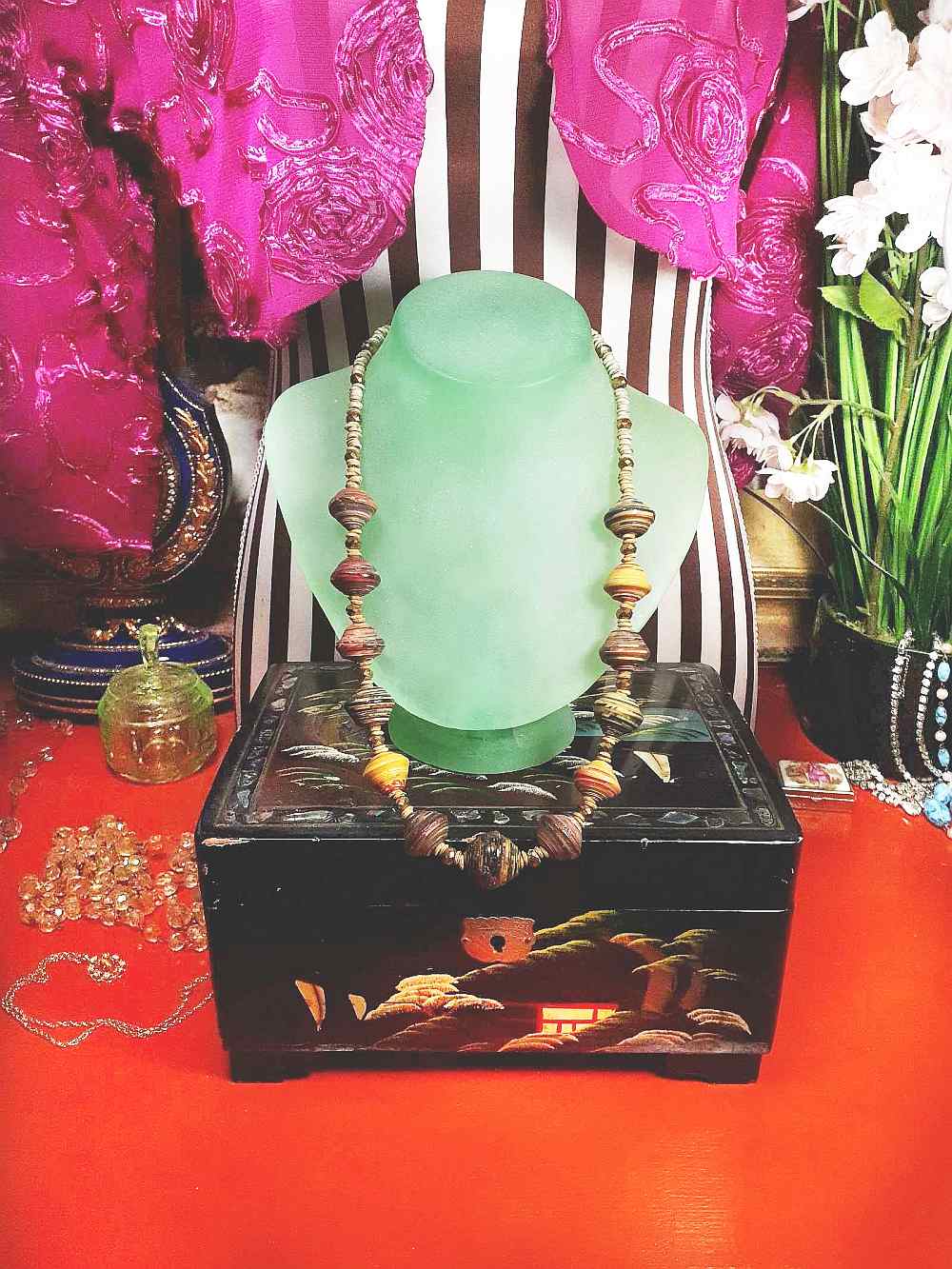 Vintage 1970s Boho Bead Necklace 22" Bohemian Artisan Multicolour