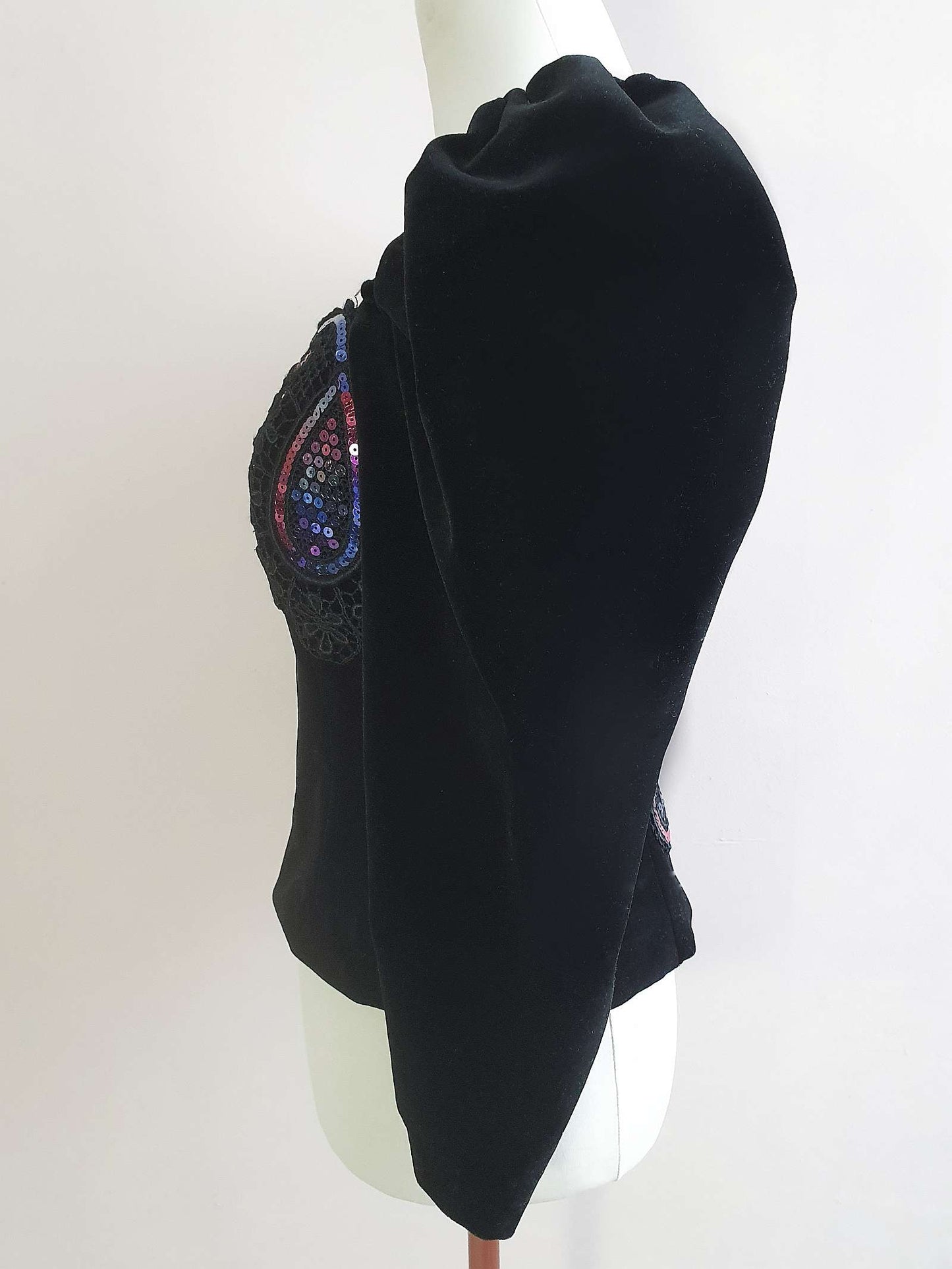1980s Black Velvet Top - Size 10 Lace Sequin