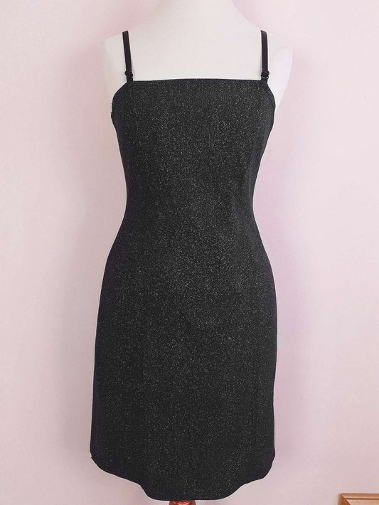 Vintage 1980s Black Glitter Mini Dress Cocktail Party Evening LBD - Size 10 / 12