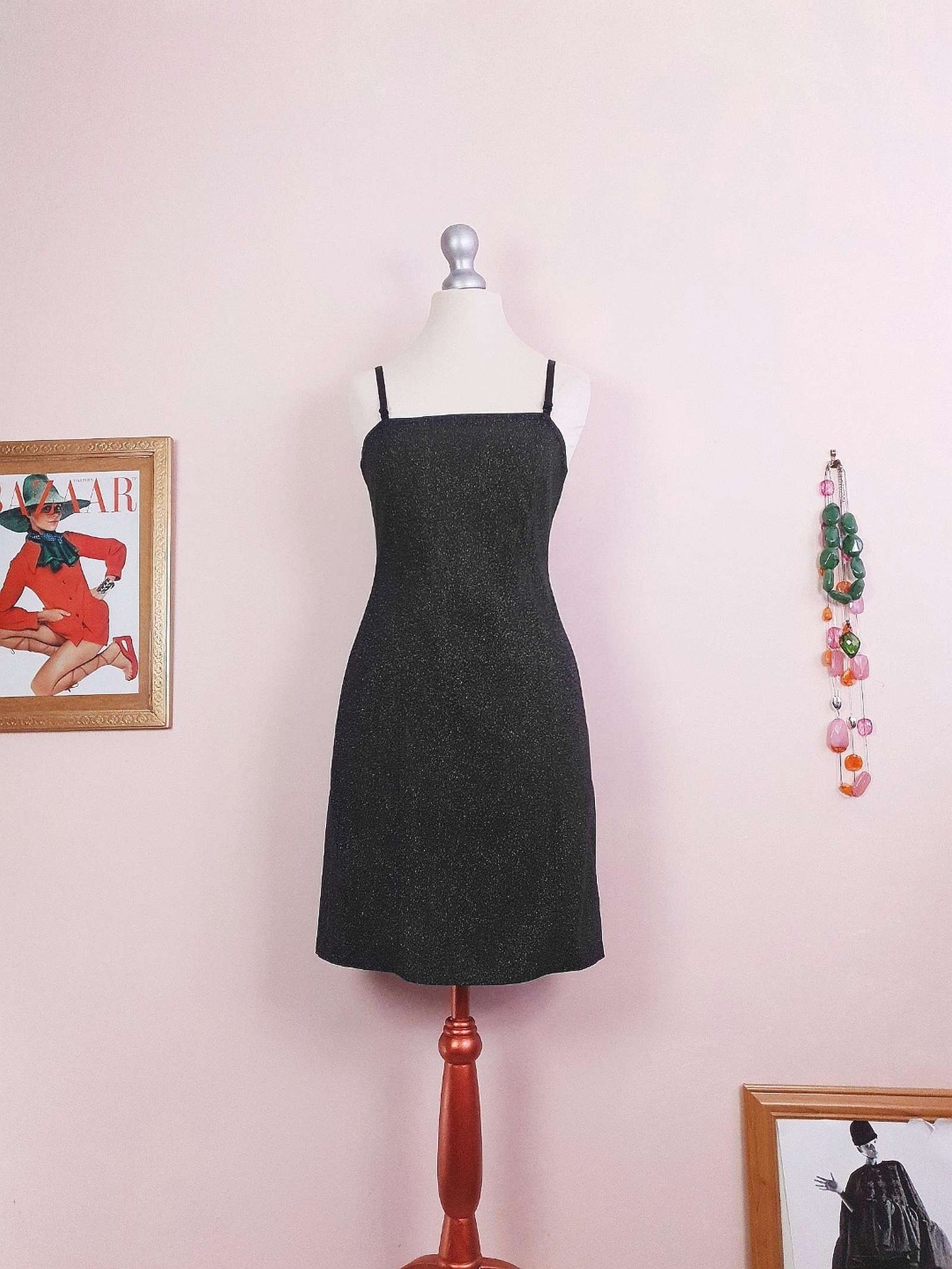 Vintage 1980s Black Glitter Mini Dress Cocktail Party Evening LBD - Size 10 / 12