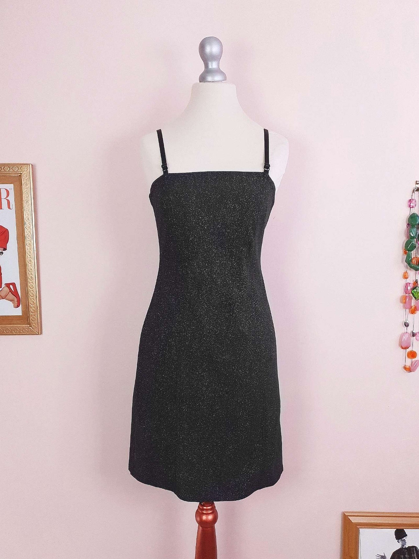 Vintage 1980s Black Glitter Mini Dress Cocktail Party Evening LBD - Size 10 / 12