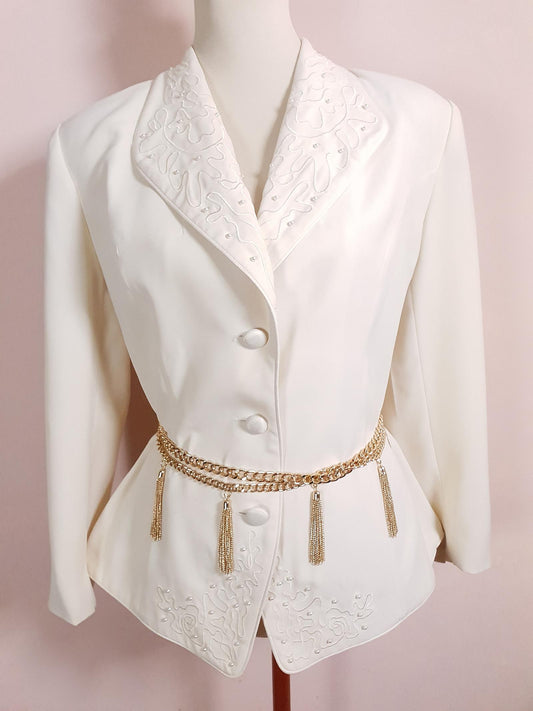 Fabulous 1980s Vintage Cream Embroidery and Pearl Oversize Jacket