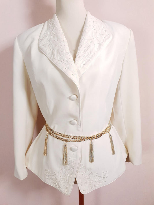 Vintage Cream Embroidery Pearl Jacket 1980s Retro