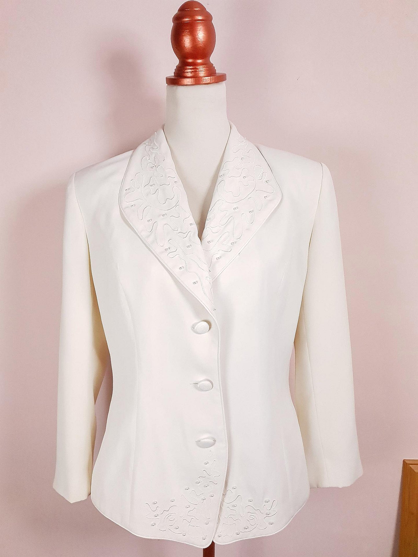Vintage Cream Embroidery Pearl Jacket 1980s Retro