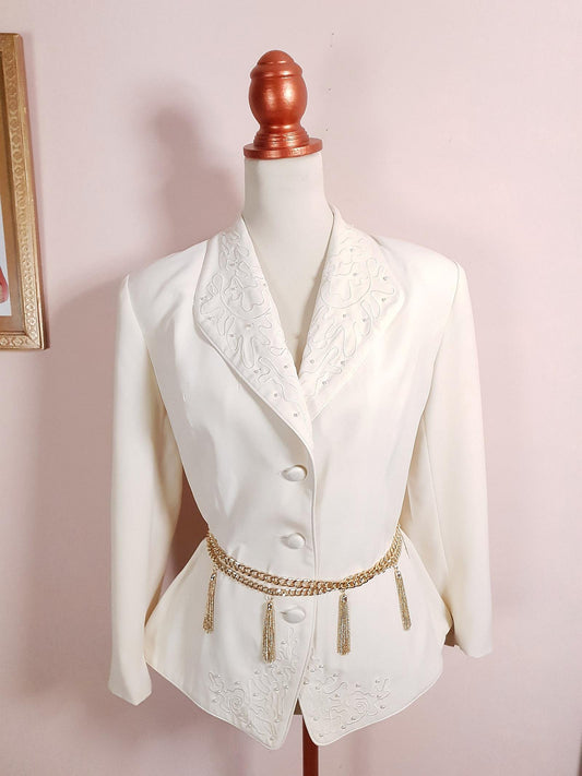 Vintage Cream Embroidery Pearl Jacket 1980s Retro