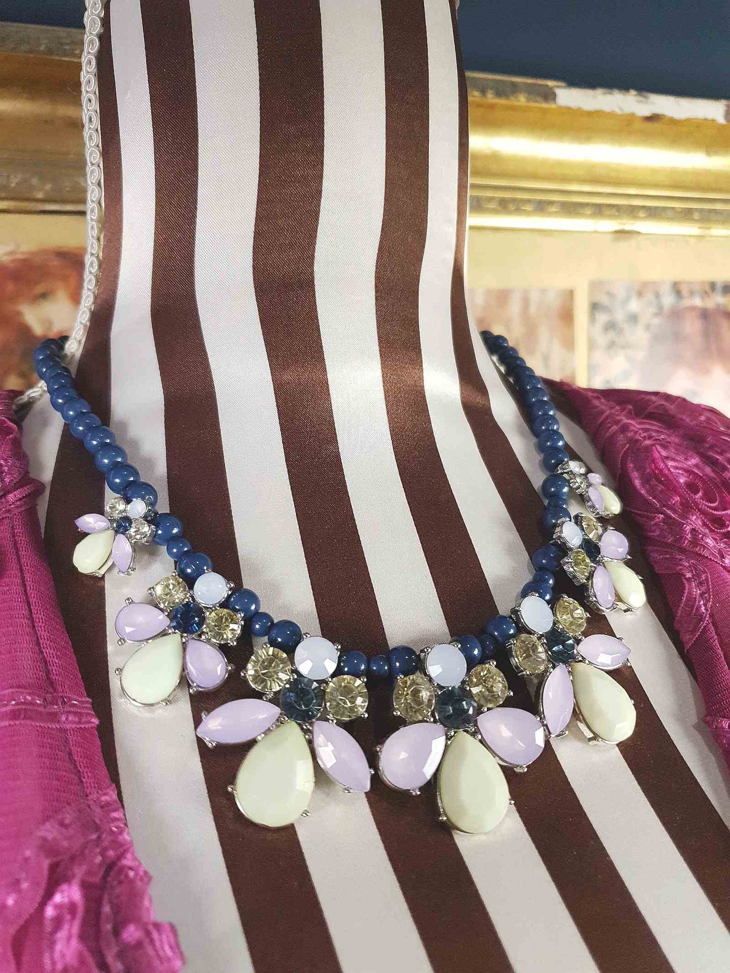 90s Vintage Flower Rhinestone Necklace Blue Lilac Lime Green Floral