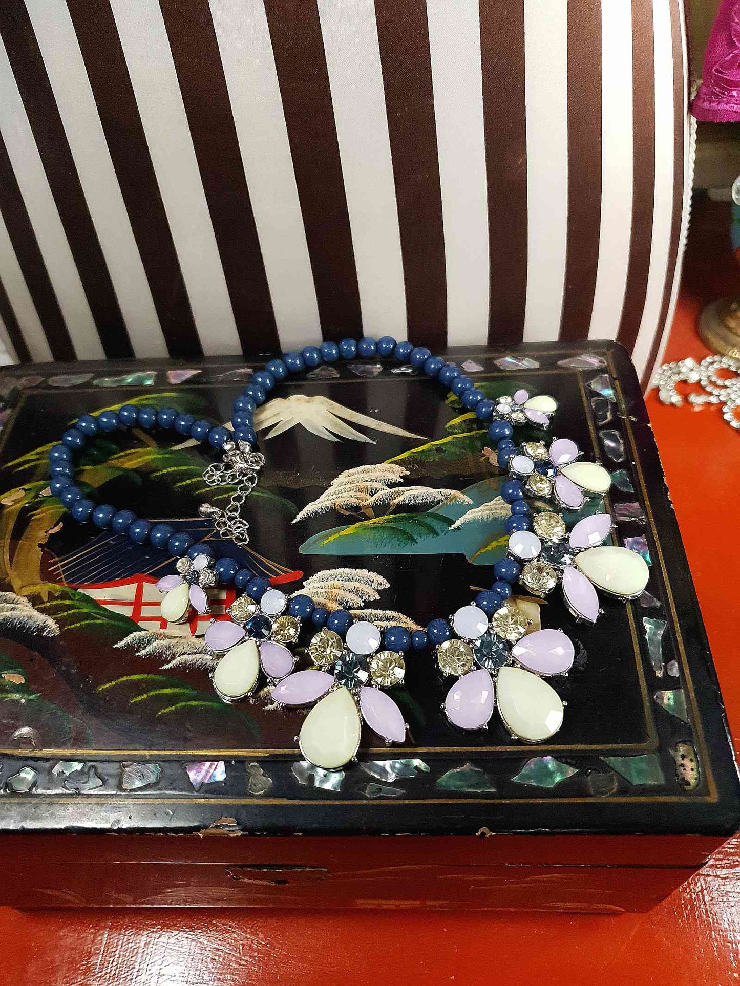 90s Vintage Flower Rhinestone Necklace Blue Lilac Lime Green Floral