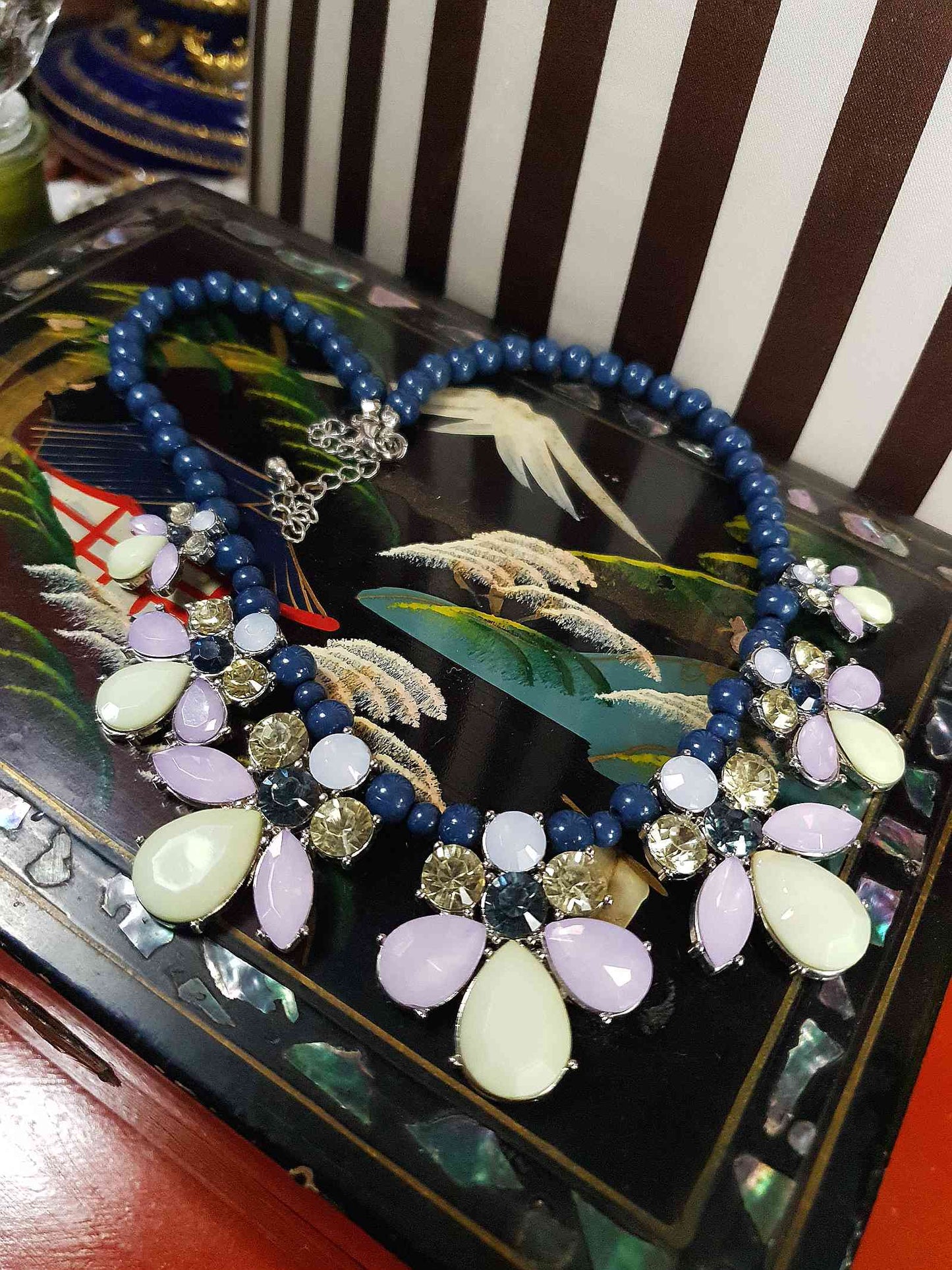 90s Vintage Flower Rhinestone Necklace Blue Lilac Lime Green Floral