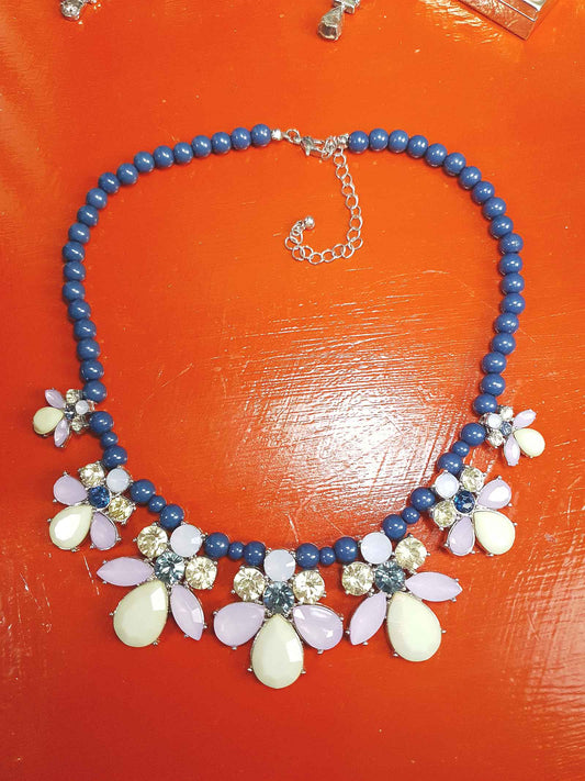 Vintage Flower Rhinestone Statement Bib Necklace Blue Lilac Lime Green Floral 90s