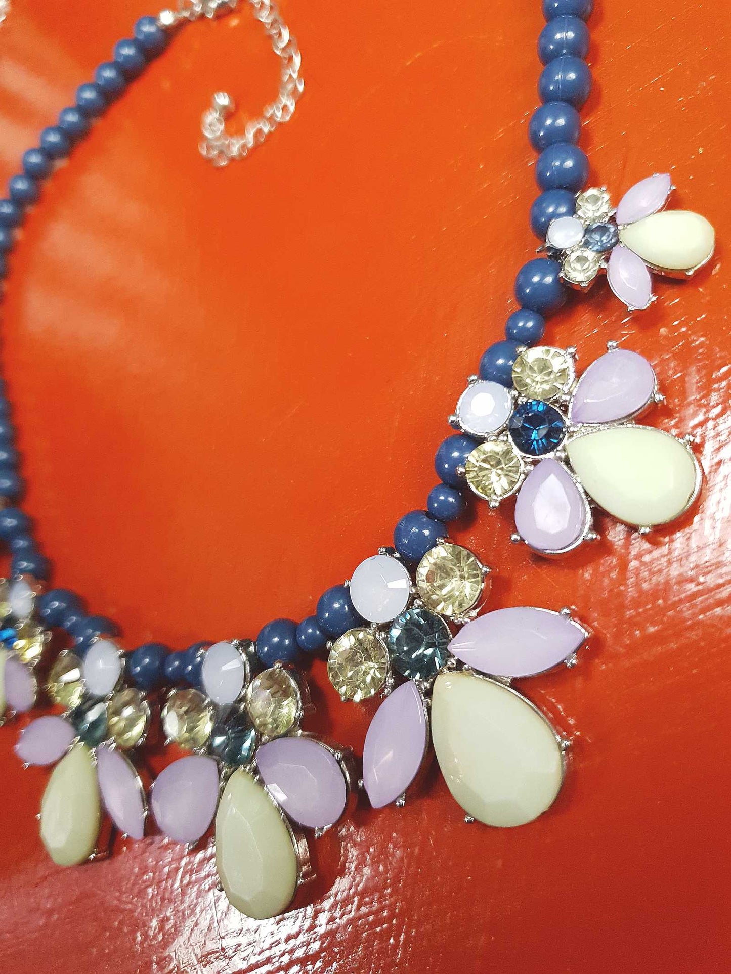90s Vintage Flower Rhinestone Necklace Blue Lilac Lime Green Floral