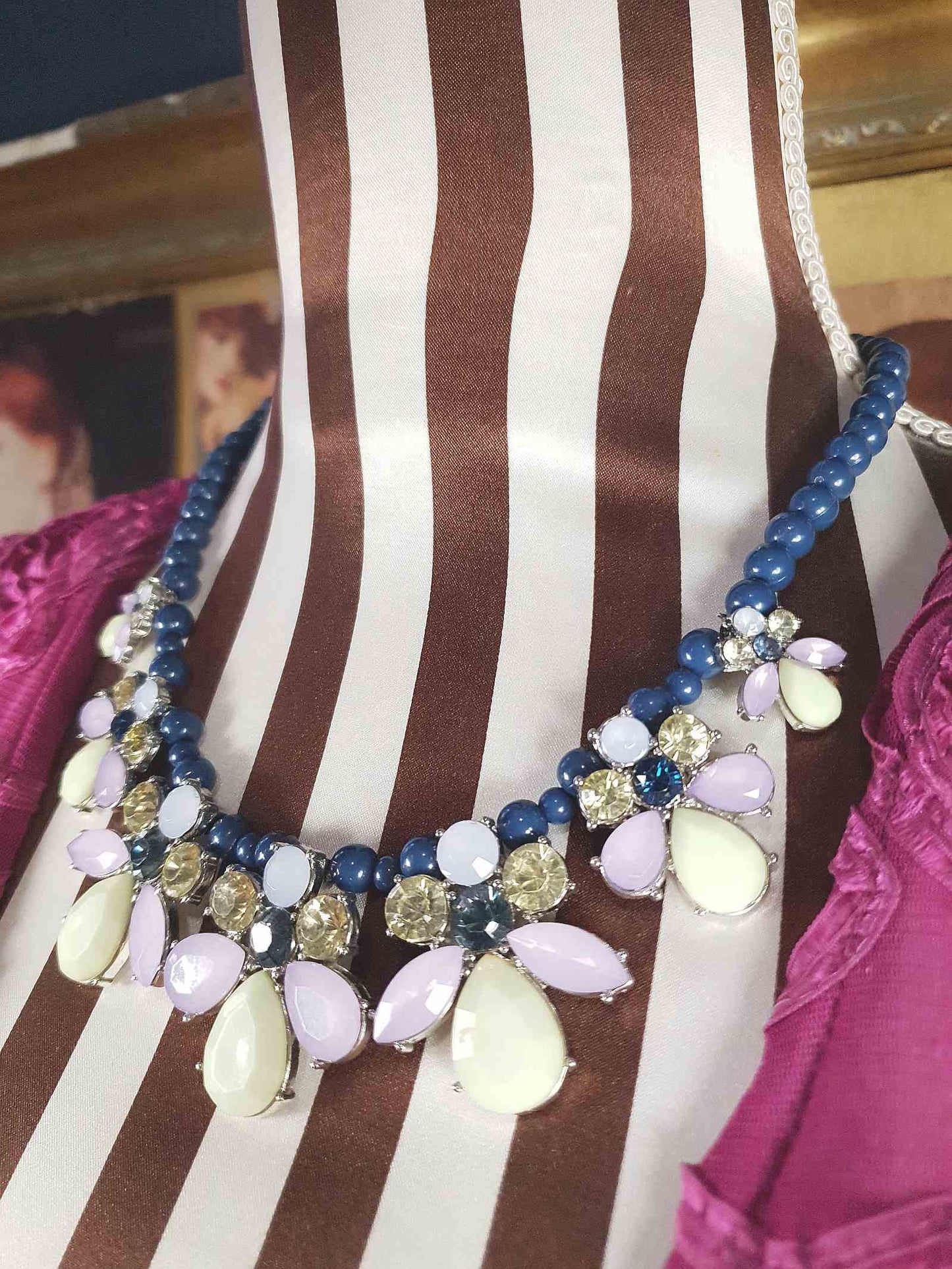 90s Vintage Flower Rhinestone Necklace Blue Lilac Lime Green Floral