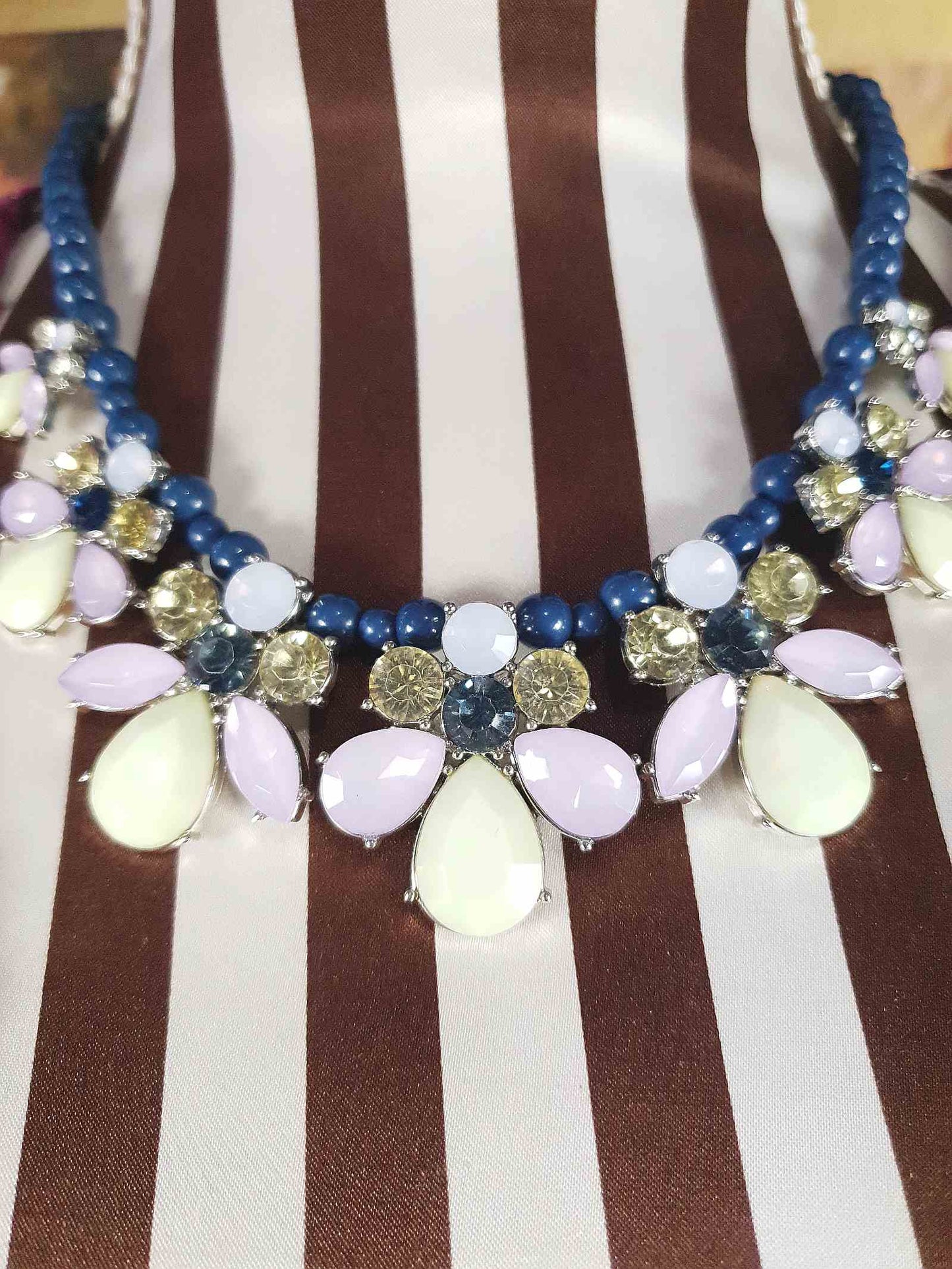 90s Vintage Flower Rhinestone Necklace Blue Lilac Lime Green Floral