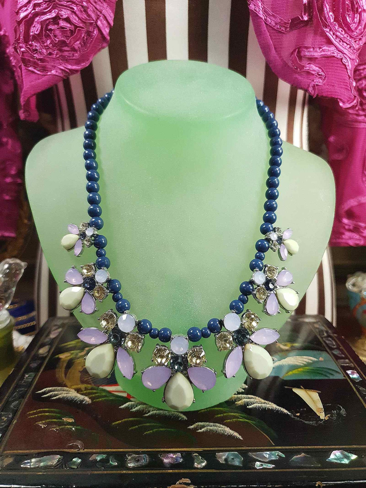 Vintage Flower Rhinestone Statement Bib Necklace Blue Lilac Lime Green Floral 90s
