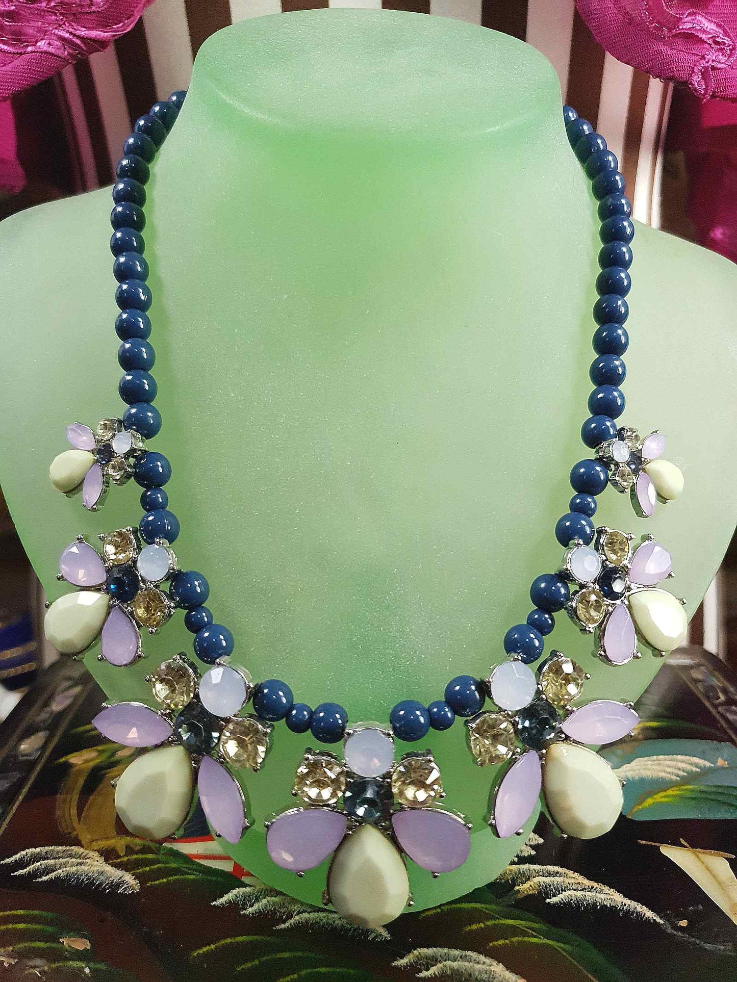 90s Vintage Flower Rhinestone Necklace Blue Lilac Lime Green Floral