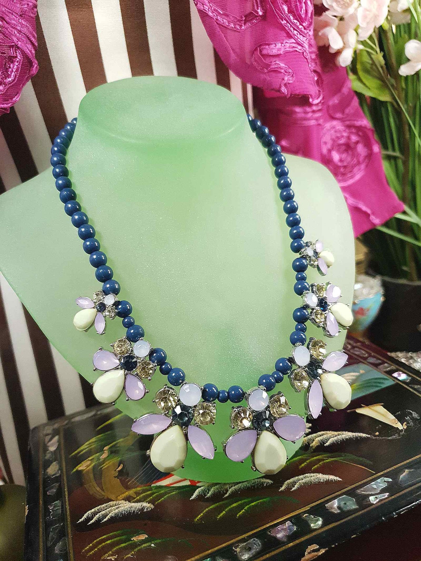 90s Vintage Flower Rhinestone Necklace Blue Lilac Lime Green Floral