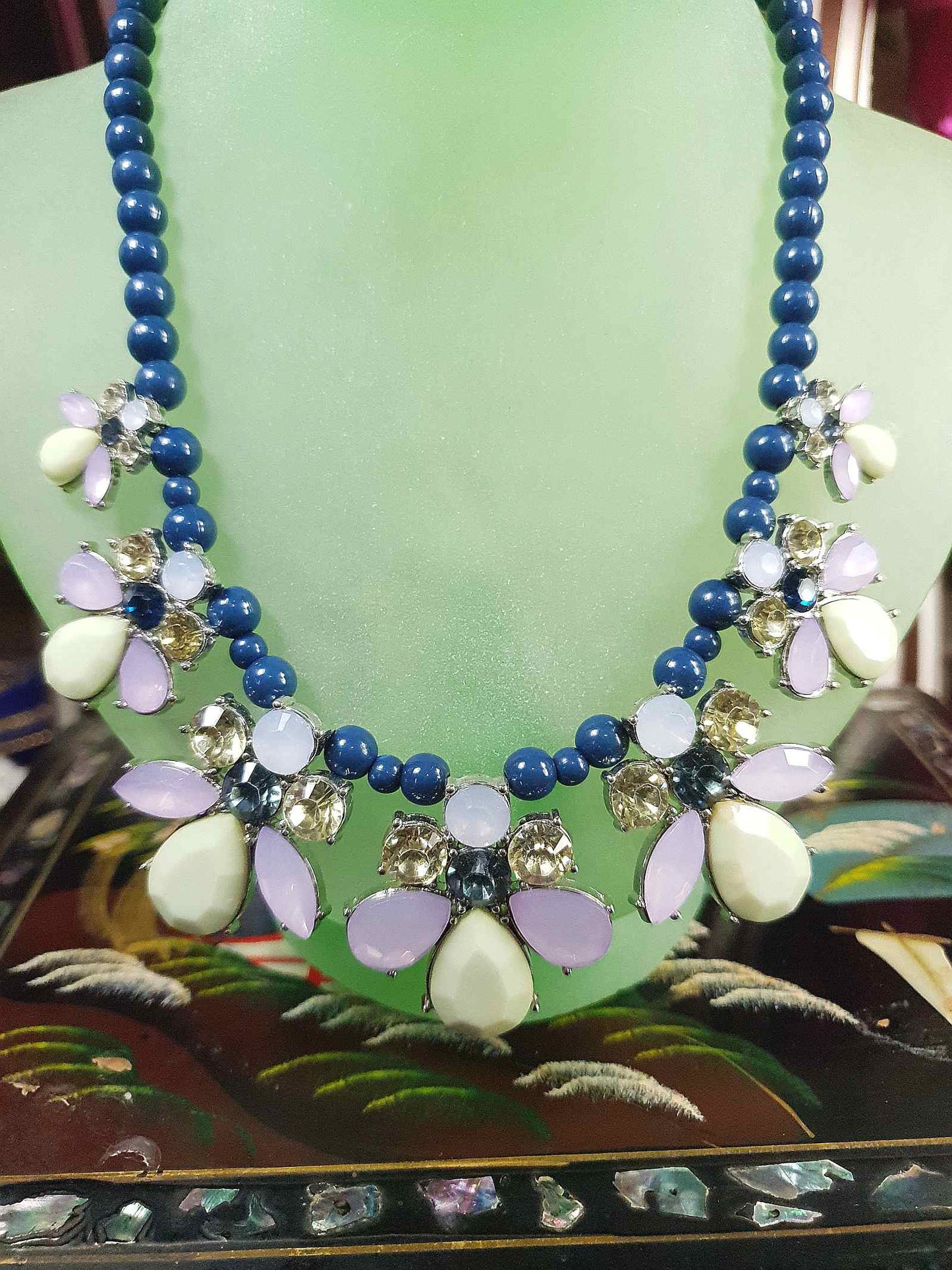 90s Vintage Flower Rhinestone Necklace Blue Lilac Lime Green Floral