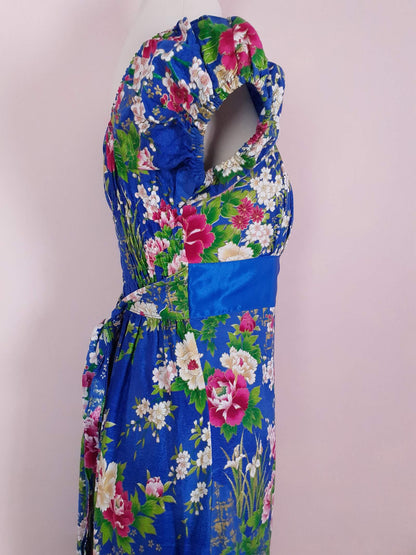 Vintage 90s Blue Floral Dress Midi Size 8/10 Cotton