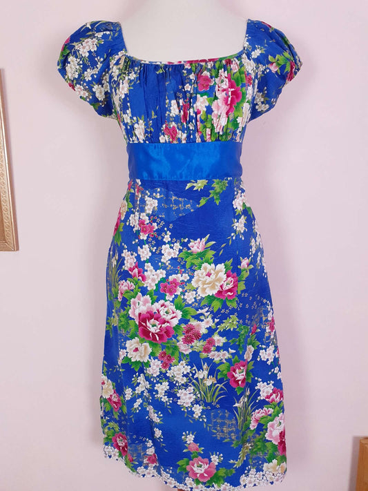 Vintage Blue Floral Dress Midi Size 10 Cotton Summer