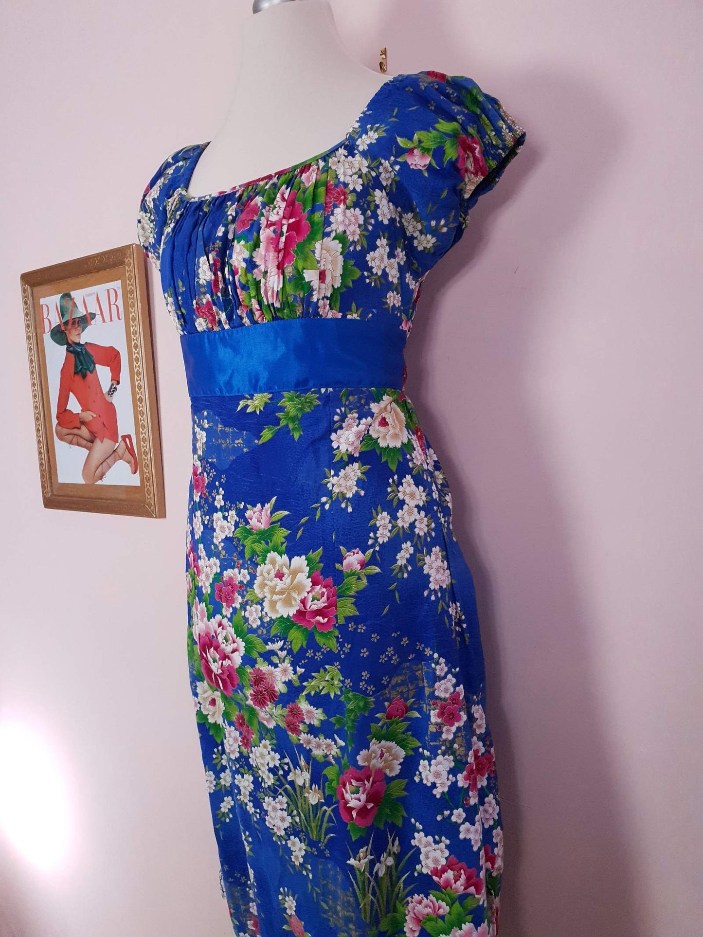 Vintage 90s Blue Floral Dress Midi Size 8/10 Cotton