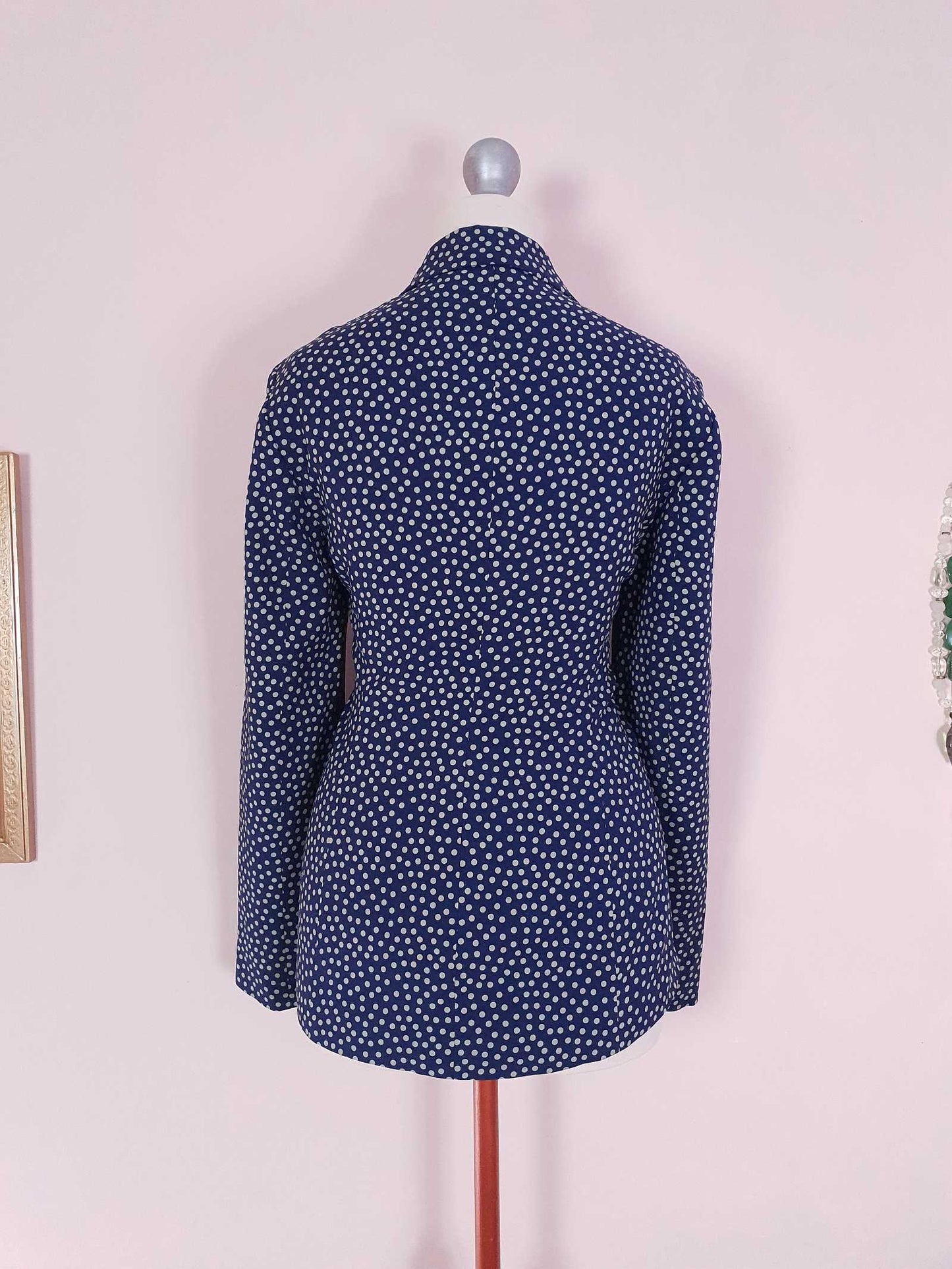 Vintage 90s Navy Blue Silk Blazer Jacket Size 10 Polka Dot Jasper Conran