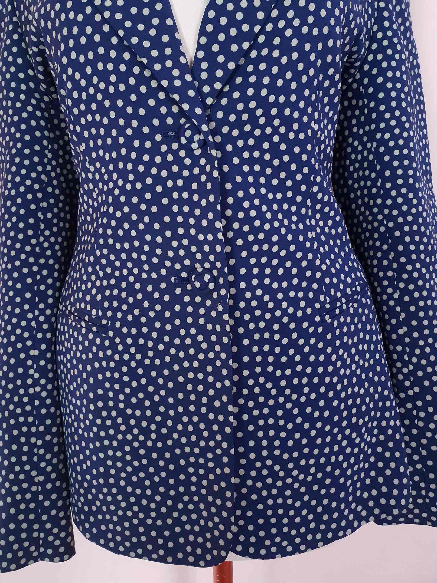 Vintage 90s Navy Blue Silk Blazer Jacket Size 10 Polka Dot Jasper Conran