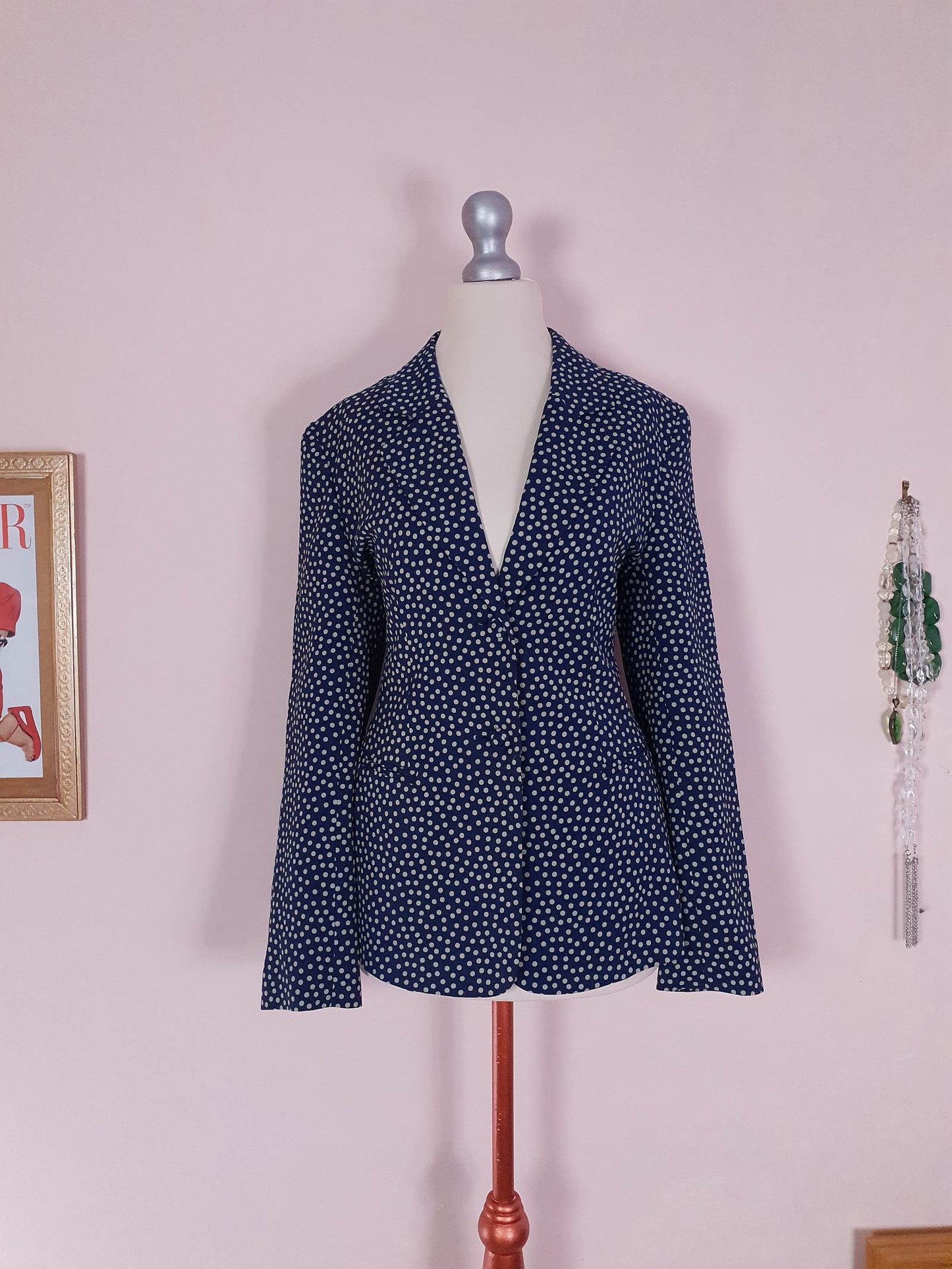 Vintage 90s Navy Blue Silk Blazer Jacket Size 10 Polka Dot Jasper Conran