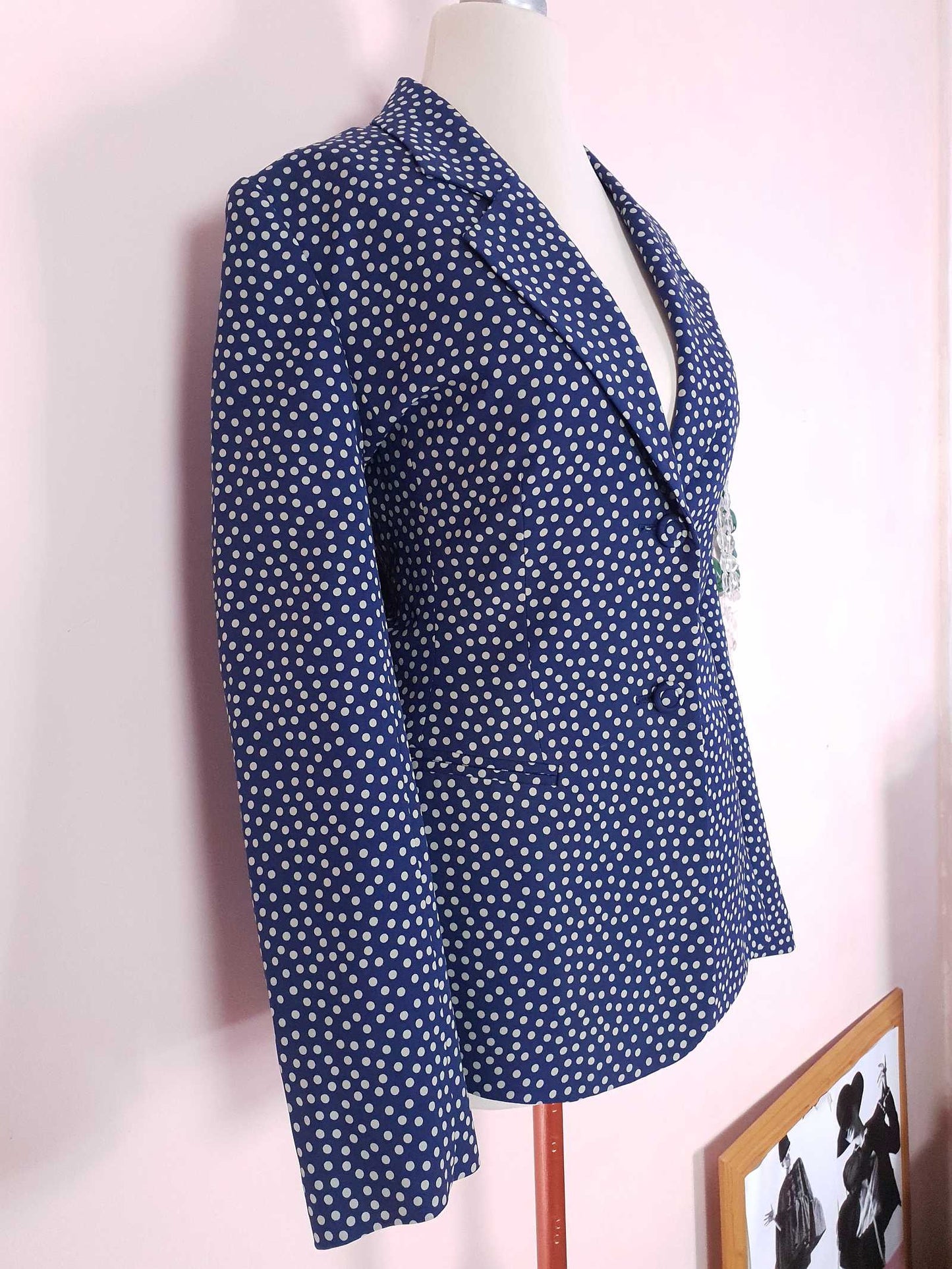 Vintage 90s Navy Blue Silk Blazer Jacket Size 10 Polka Dot Jasper Conran