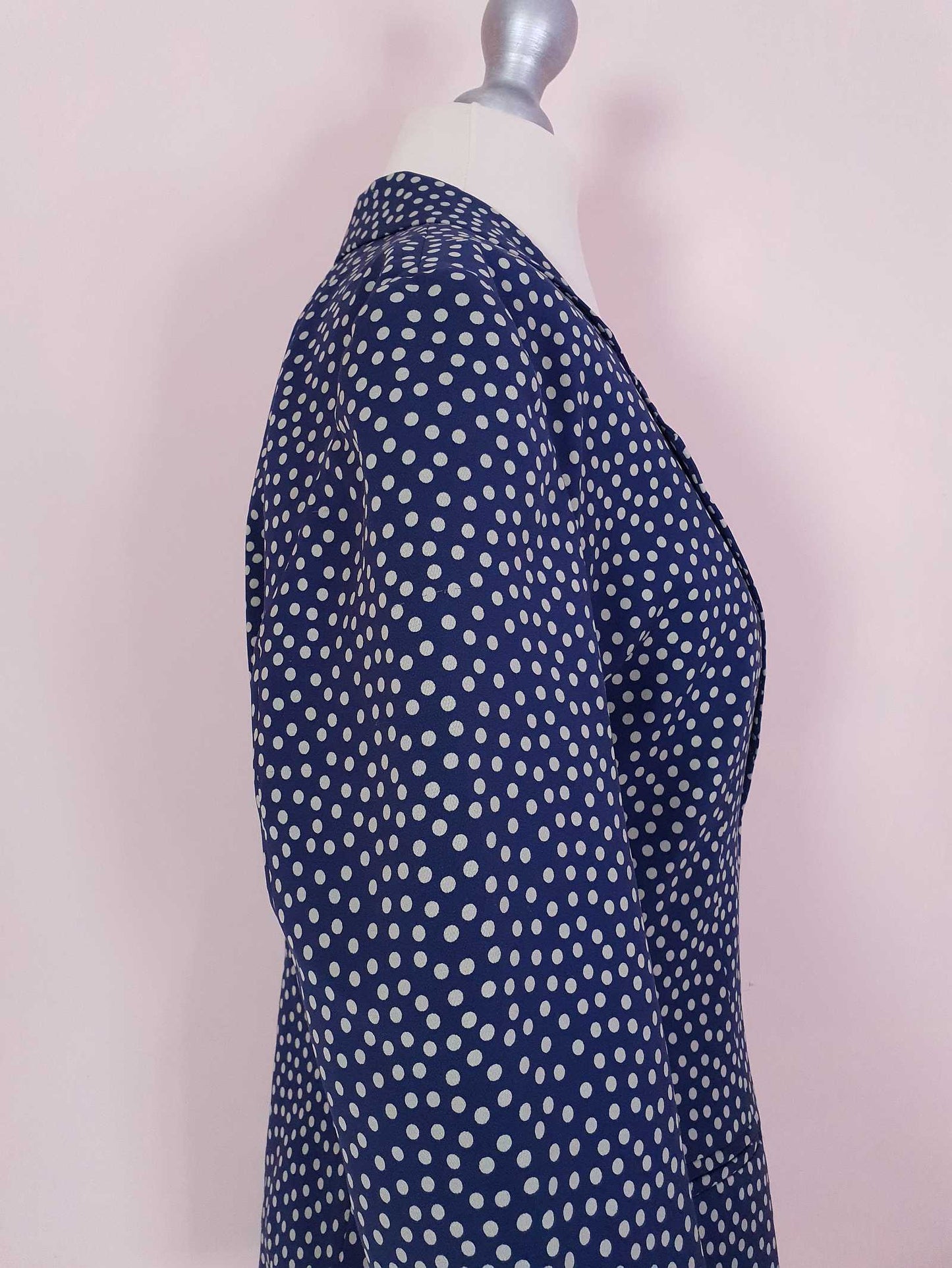 Vintage 90s Navy Blue Silk Blazer Jacket Size 10 Polka Dot Jasper Conran