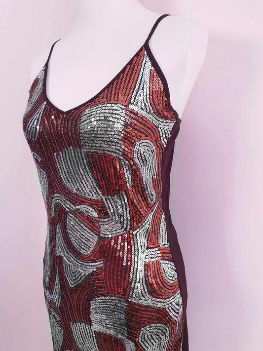 90s Vintage Sequin Party Dress Copper Silver - Size 10/12