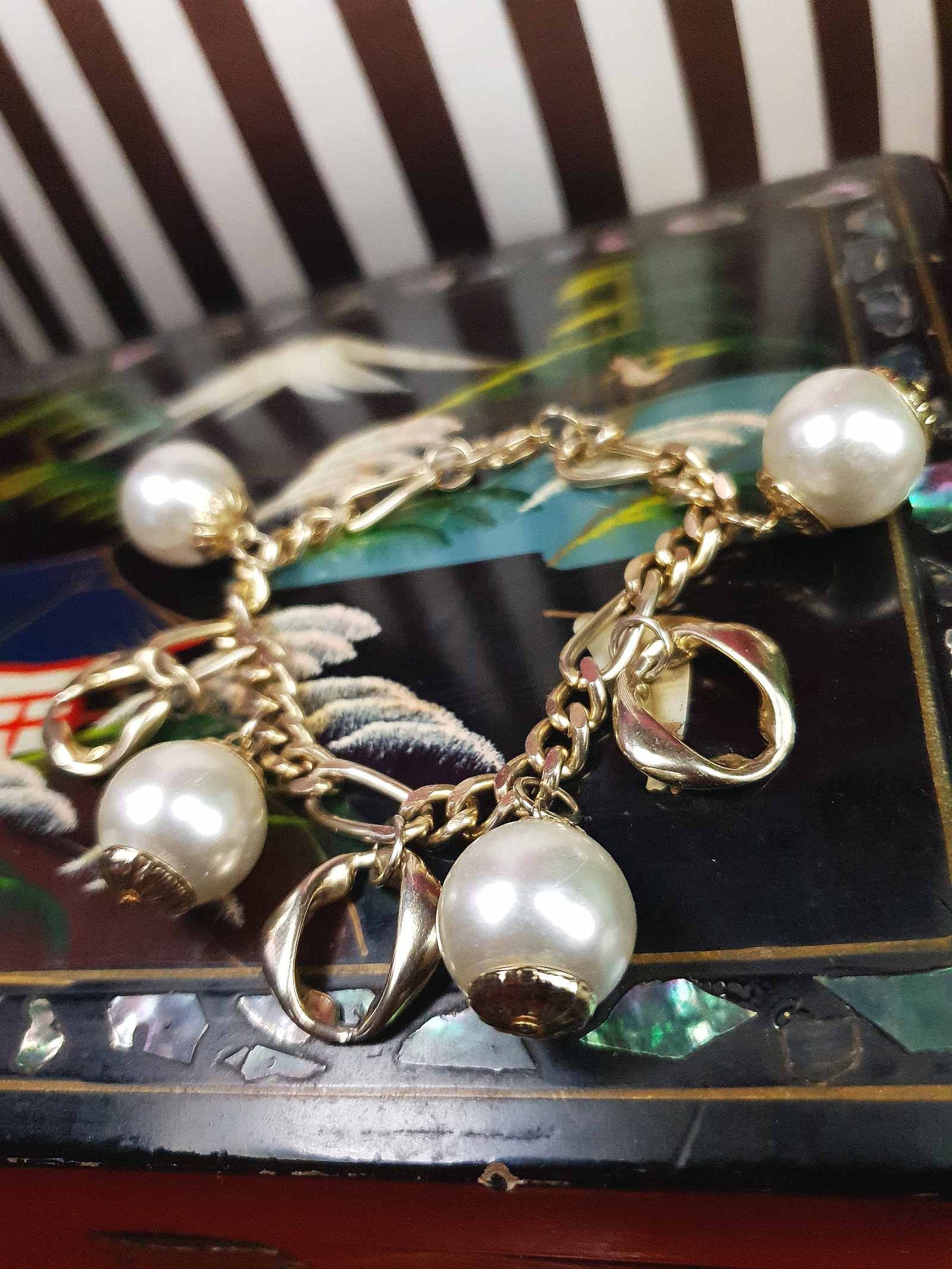 Vintage White Glass Pearl Charm Bracelet 90s