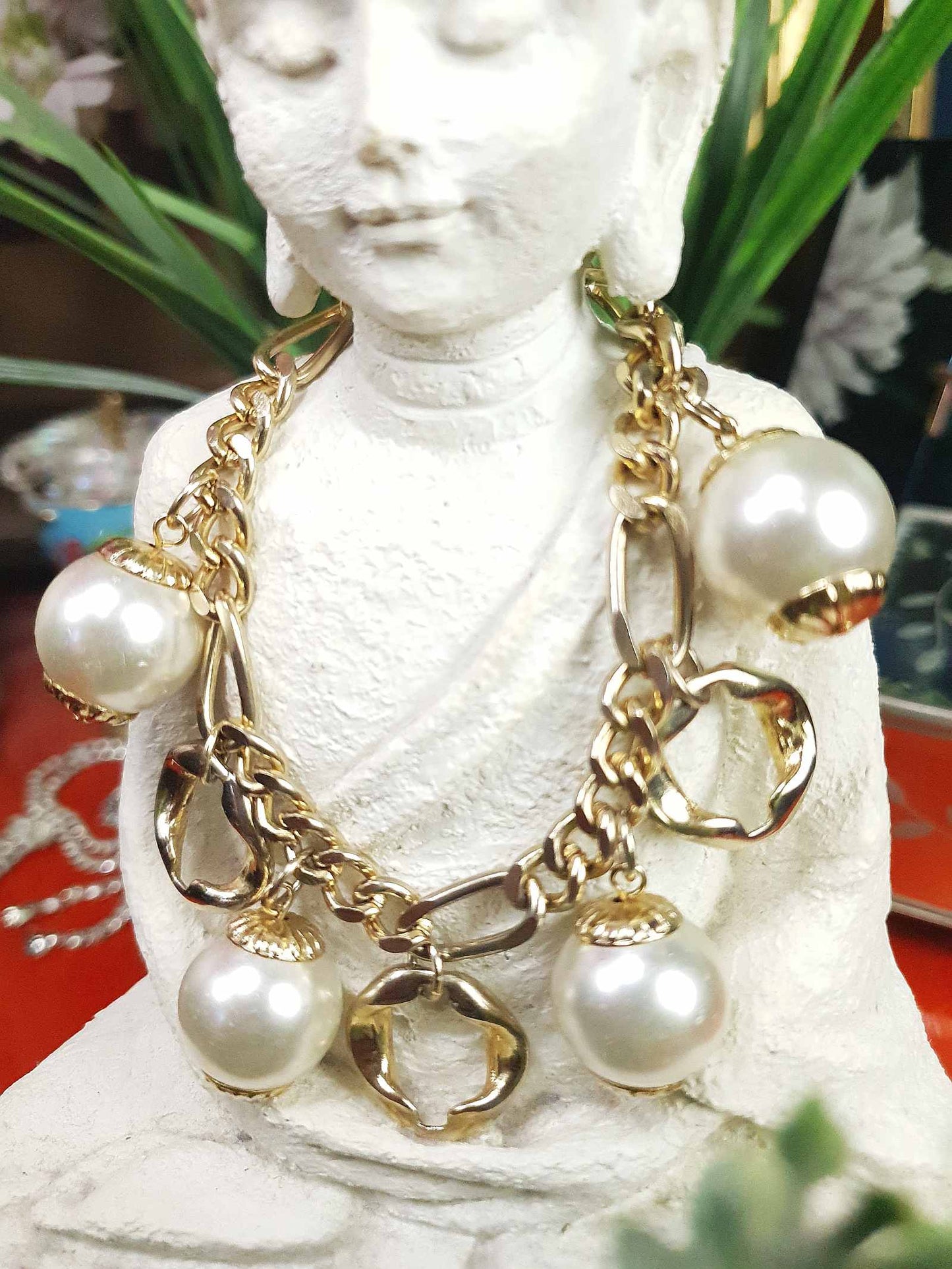 Vintage White Glass Pearl Charm Bracelet 90s