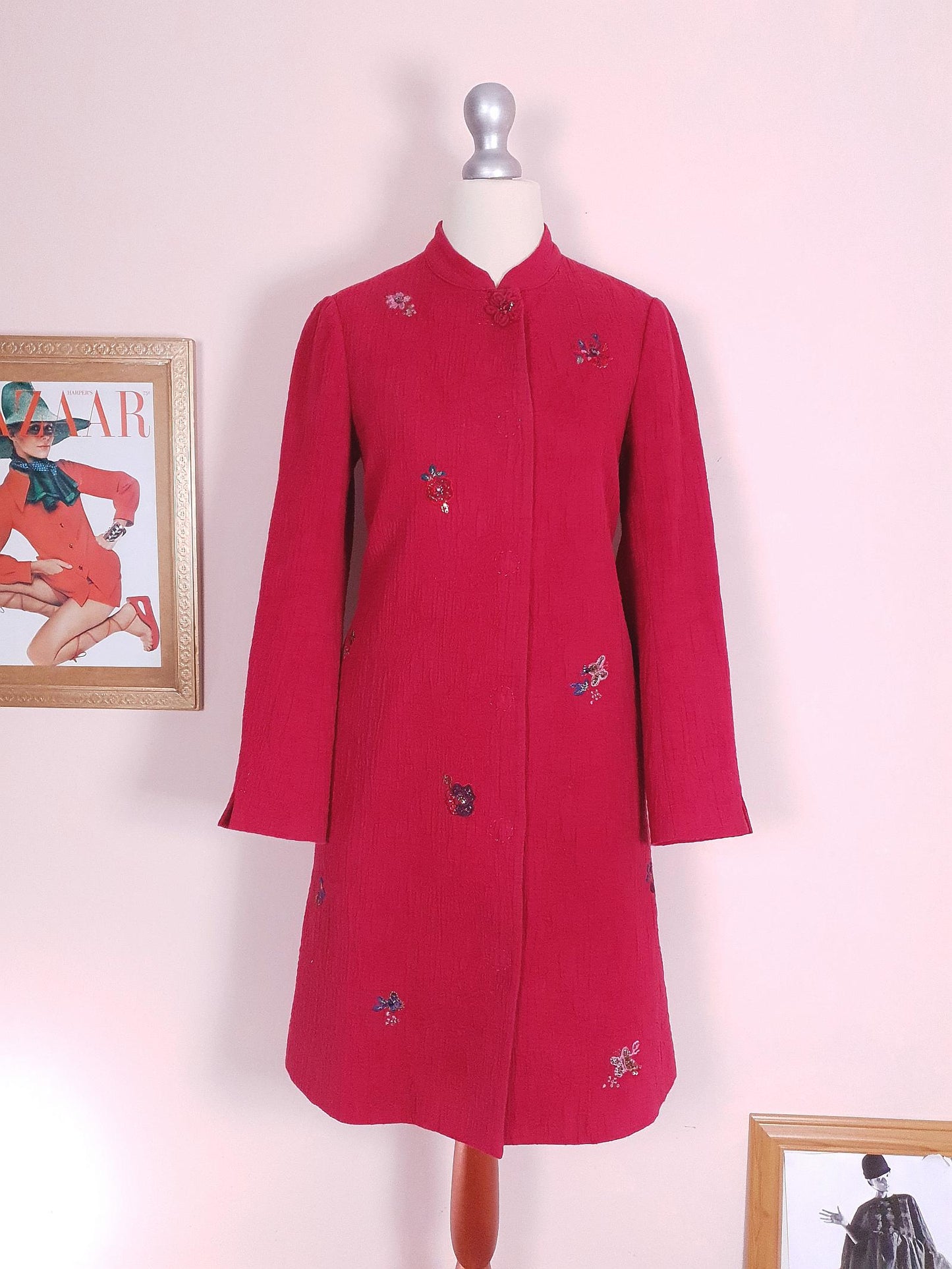 Vintage Japanese Red Floral Embroidered Coat 90s Ladies Butterfly Sequins