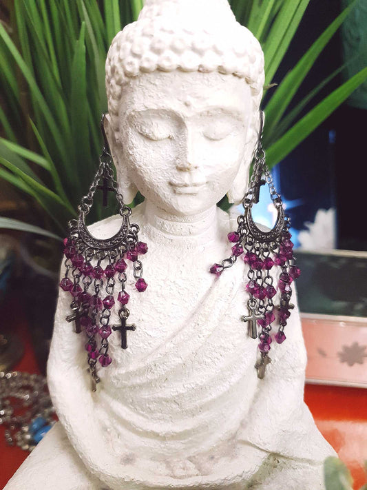 Vintage Purple Rhinestone Boho Dangle Earrings 90s Bohemian