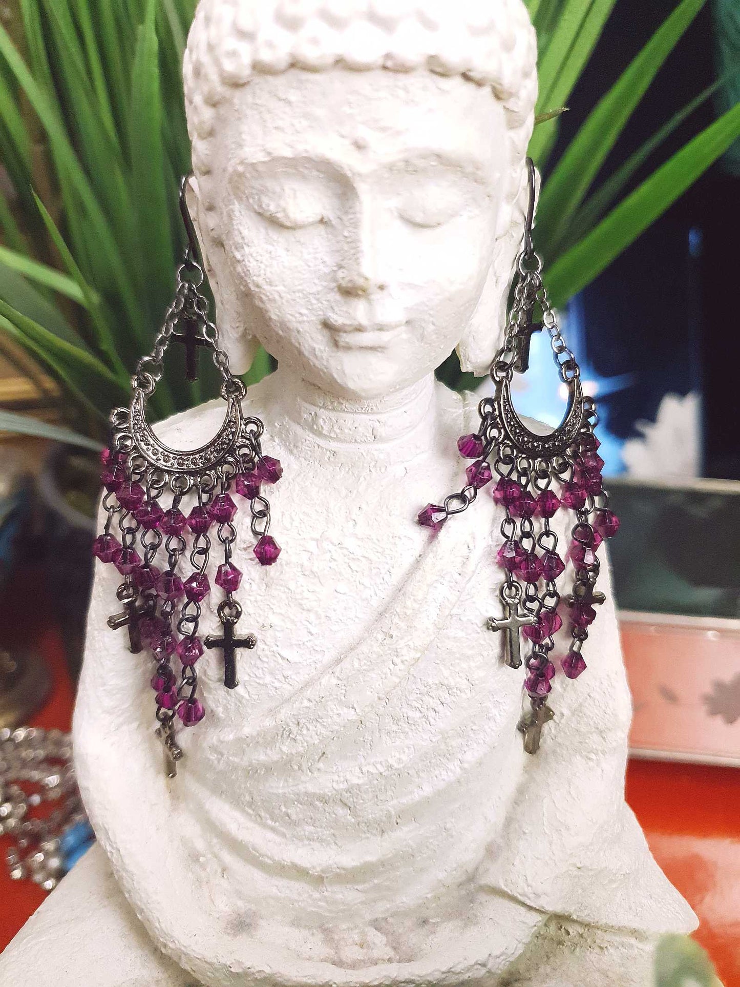 90s Vintage Purple Rhinestone Boho Dangle Earrings