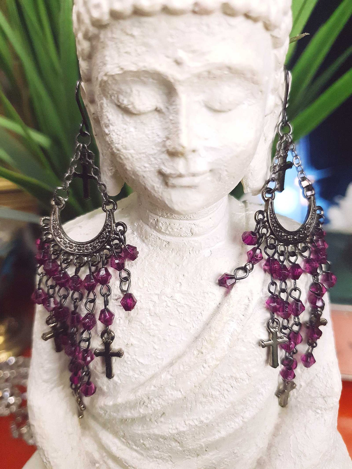 90s Vintage Purple Rhinestone Boho Dangle Earrings